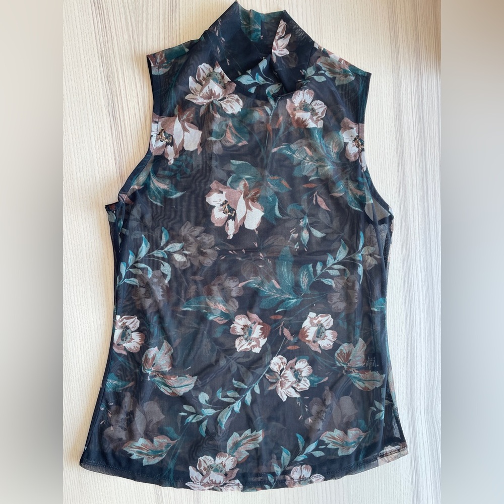 RW & Co Floral Sleeveless Mesh Top - Black and Green